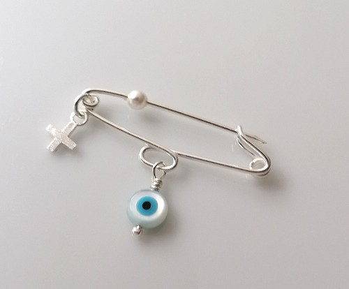 Baby Evil Eye Safety Pin Brooch 925 Sterling Silver Cross Protection Baby Shower Gift, Baptism Gift, Birth Announcement